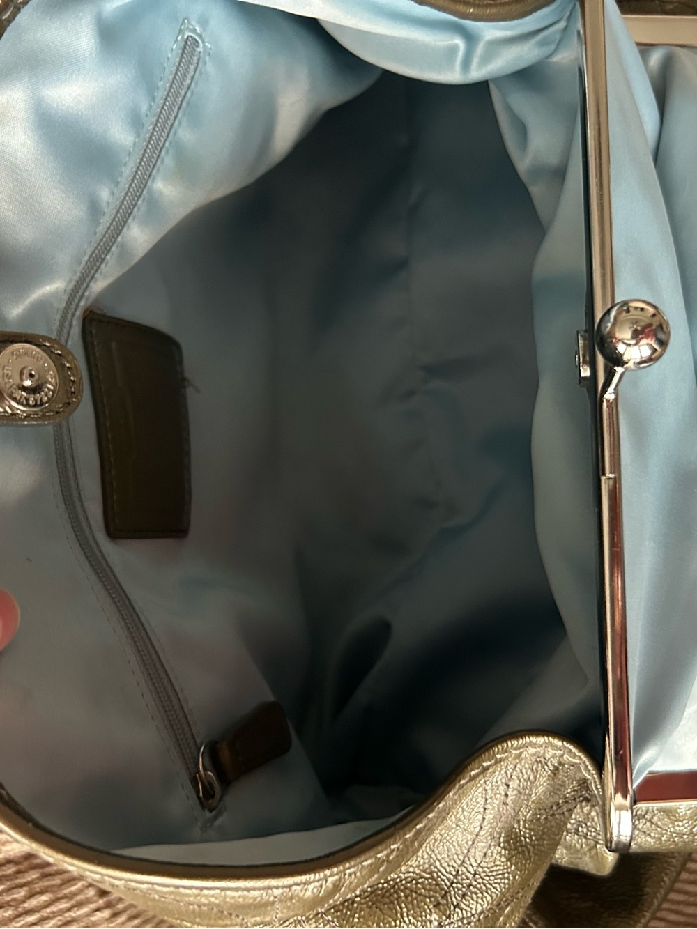 Coach Signature C Stitch Patent Leather Kisslock Satchel Tote Metallic Olive - Picture 14 of 16